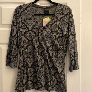 Weekend by Marika 3/4 sleeve black paisley semi sheer blouse casual size XL